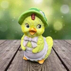 Vintage Lefton Easter Chick Figurine With Green Hat & Pink Bow Porcelain Collect